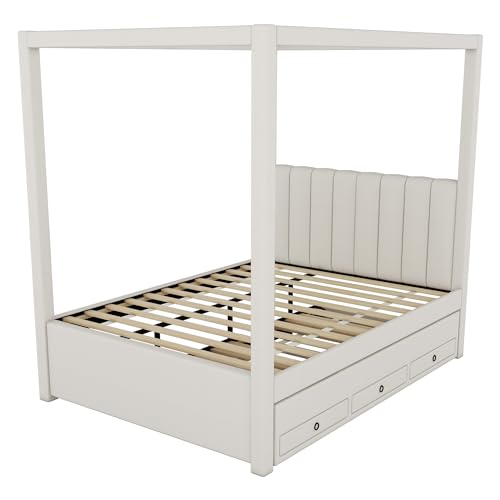 Beige Twin Size 4 Poster Canopy Bed with Upholstery Headboard, Trundle and 3 Drawers M731