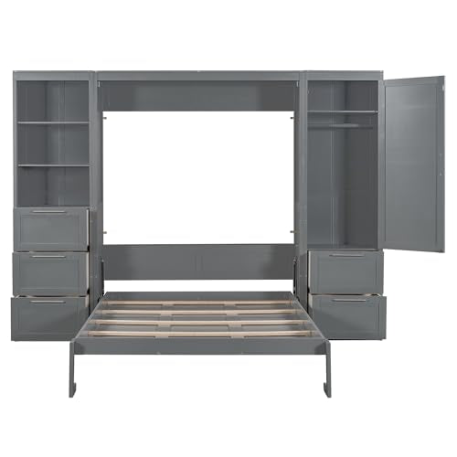 Grey Queen Size Wood Murphy Bed with Shelves and Drawers F65034