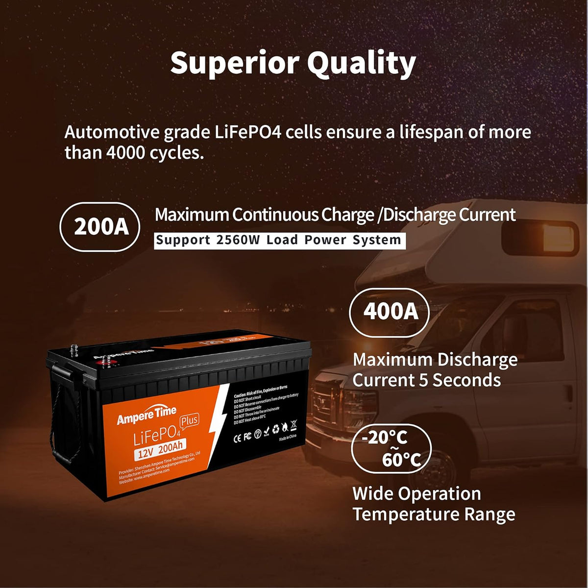 12V 200Ah Plus Lithium LiFePO4 Battery with 200A BMS C4250