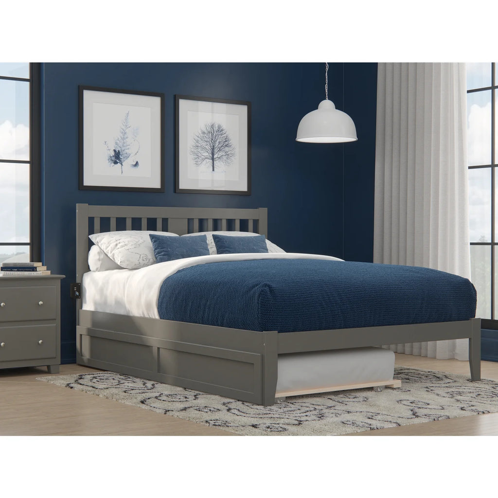 Queen Wood Spindle Bed and Trundle with USB Charger in Gray D593634