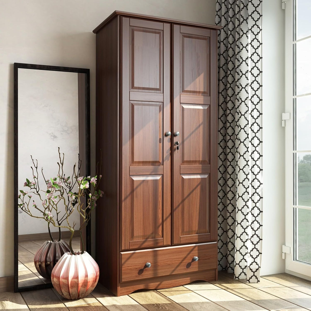 100% Solid Wood Wardrobe Armoire Mocha Stained K35396