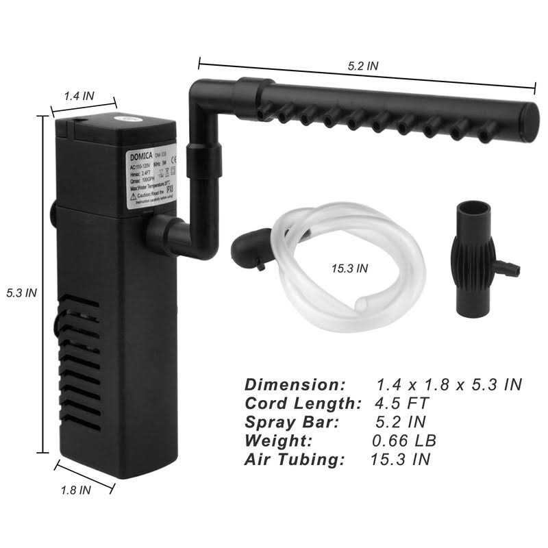 Internal Aquarium Filter with Aeration System 100Gph 5W for 5 to 15 Gallons Fish Tank P109