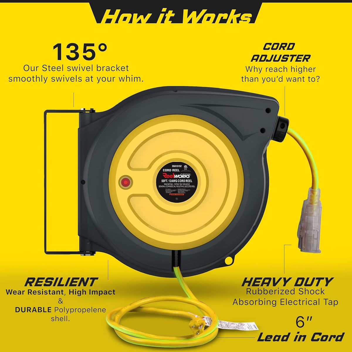 12AWG x 50' Foot Retractable Extension Cord Reel X88358