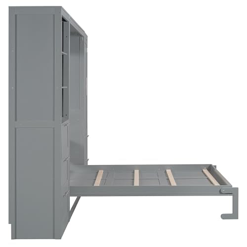 Grey Queen Size Wood Murphy Bed with Shelves and Drawers F65034