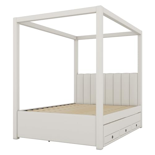Beige Twin Size 4 Poster Canopy Bed with Upholstery Headboard, Trundle and 3 Drawers M731