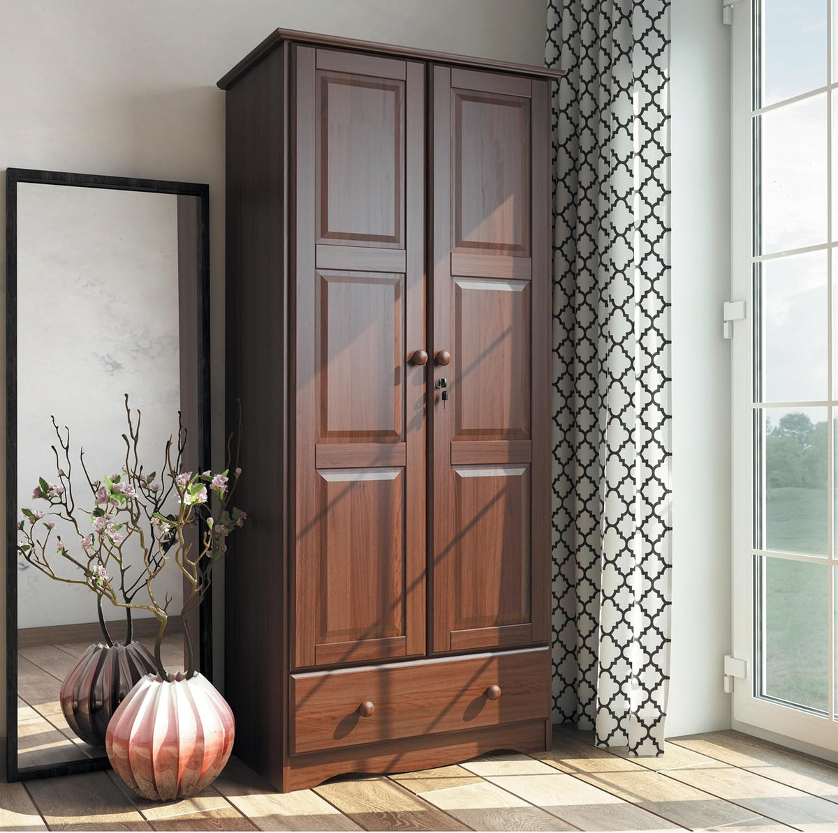 100% Solid Wood Wardrobe Armoire Mocha Stained K35396
