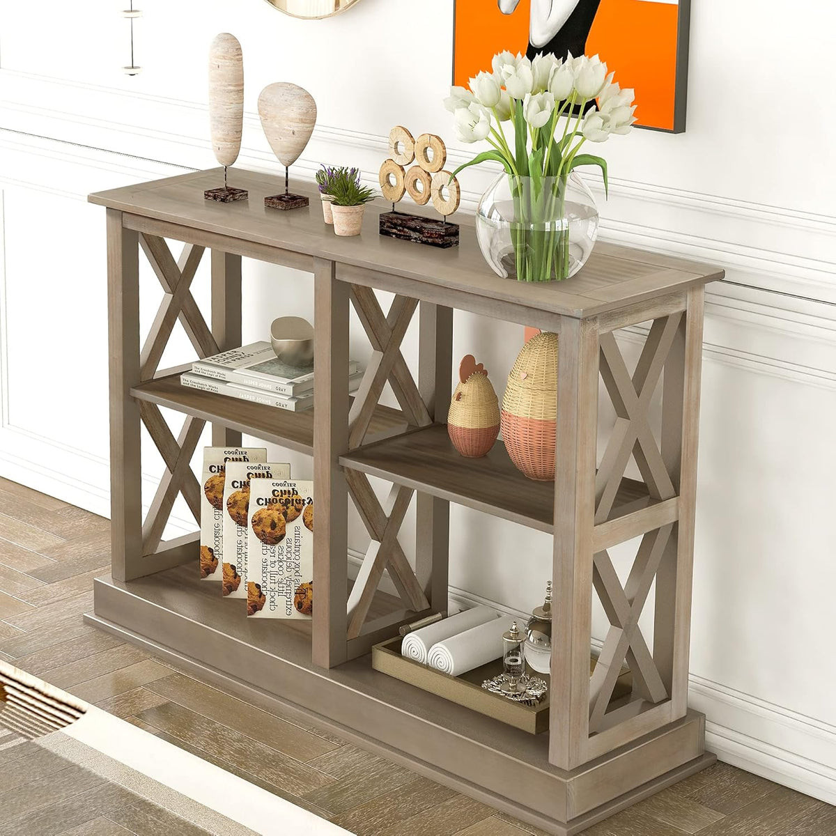 White Wash Console Table with 3-Tier Open Storage F506808