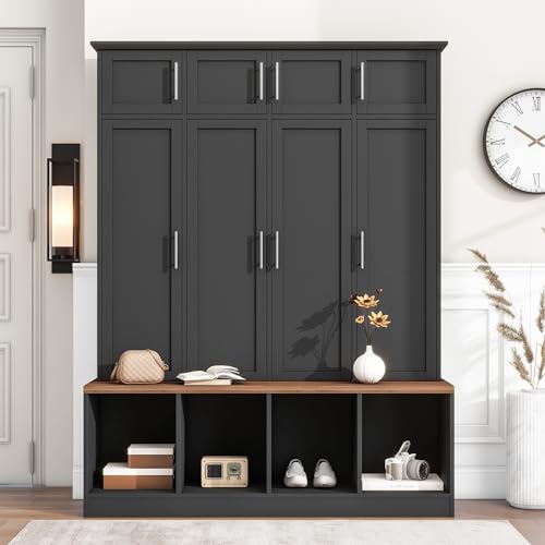 White 4-in-1 Hall Tree Coat Rack with 4 Shelves and 8 Cabinets N451737