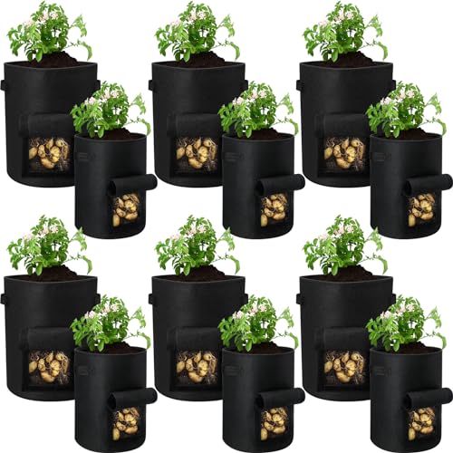 12 Pack 10 Gallon 7 Gallon Black Nonwoven Fabric Potato Grow Bags with Handles and Harvest Window F205656