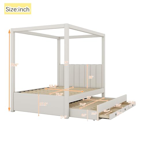 Beige Twin Size 4 Poster Canopy Bed with Upholstery Headboard, Trundle and 3 Drawers M731