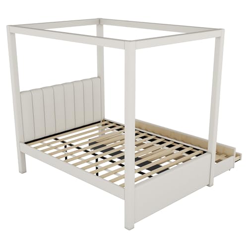 Beige Twin Size 4 Poster Canopy Bed with Upholstery Headboard, Trundle and 3 Drawers M731