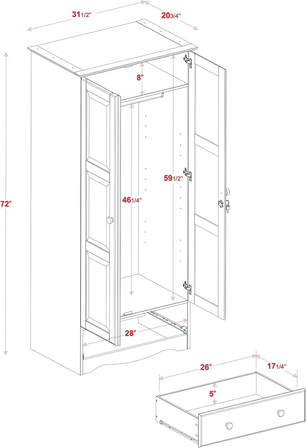 100% Solid Wood Wardrobe Armoire Mocha Stained K35396