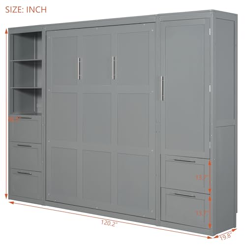 Grey Queen Size Wood Murphy Bed with Shelves and Drawers F65034