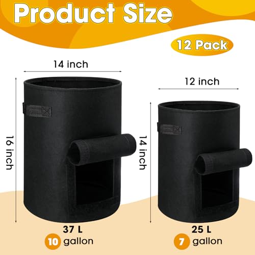 12 Pack 10 Gallon 7 Gallon Black Nonwoven Fabric Potato Grow Bags with Handles and Harvest Window F205656