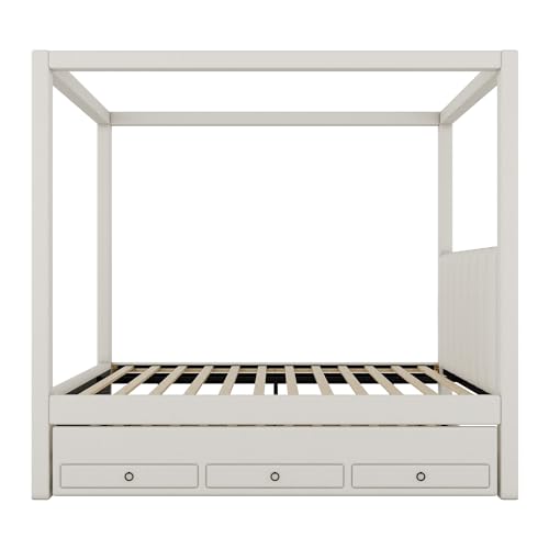 Beige Twin Size 4 Poster Canopy Bed with Upholstery Headboard, Trundle and 3 Drawers M731