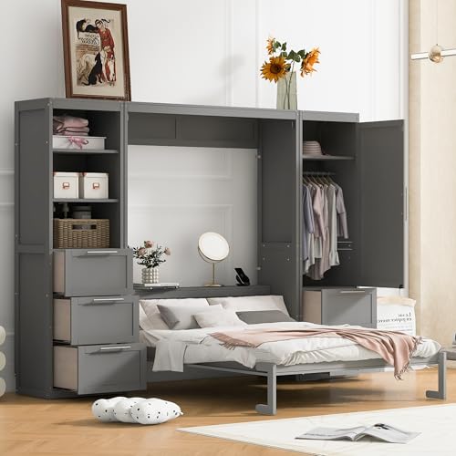 Grey Queen Size Wood Murphy Bed with Shelves and Drawers F65034