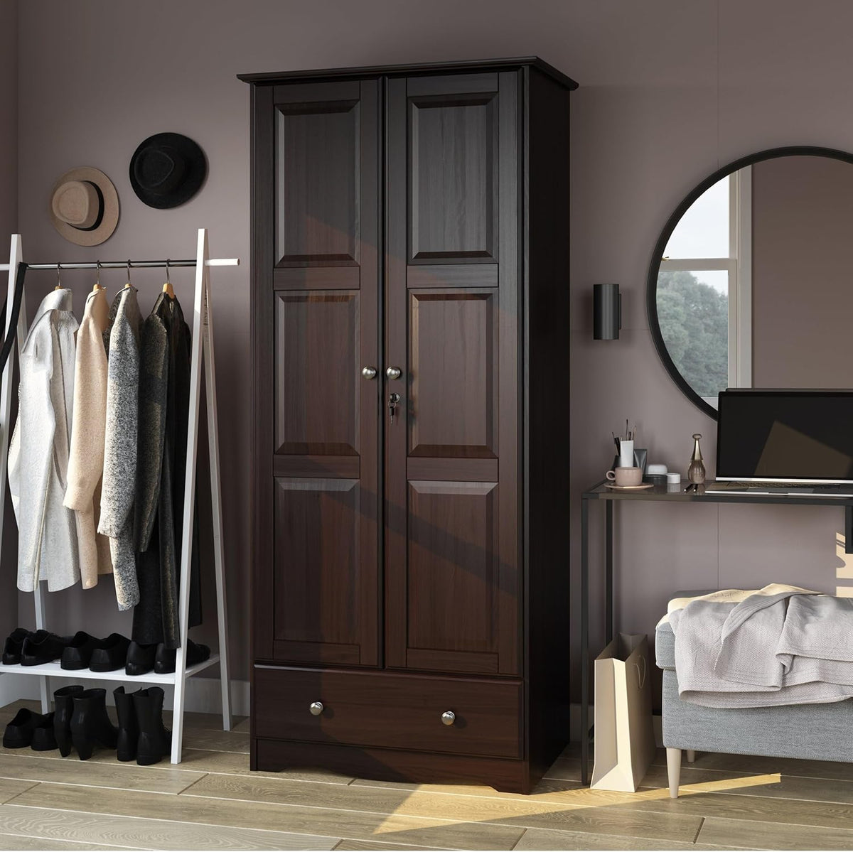 100% Solid Wood Wardrobe Armoire Mocha Stained K35396