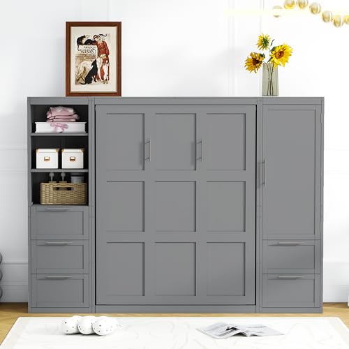 Grey Queen Size Wood Murphy Bed with Shelves and Drawers F65034
