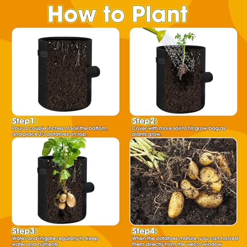 12 Pack 10 Gallon 7 Gallon Black Nonwoven Fabric Potato Grow Bags with Handles and Harvest Window F205656