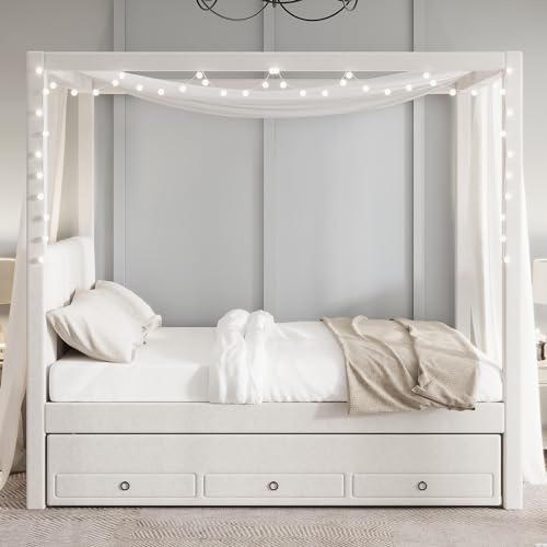 Beige Twin Size 4 Poster Canopy Bed with Upholstery Headboard, Trundle and 3 Drawers M731