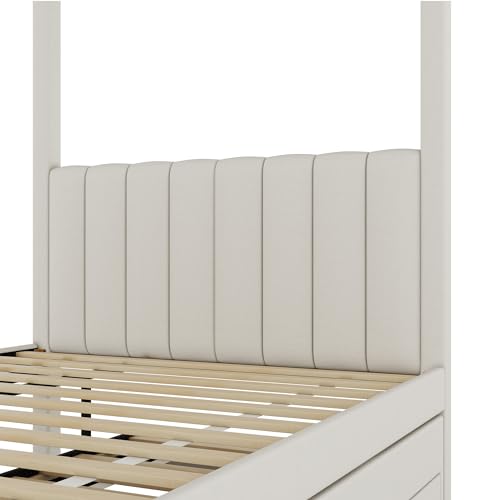 Beige Twin Size 4 Poster Canopy Bed with Upholstery Headboard, Trundle and 3 Drawers M731