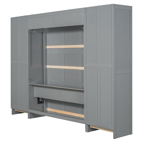 Grey Queen Size Wood Murphy Bed with Shelves and Drawers F65034