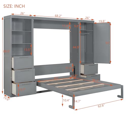 Grey Queen Size Wood Murphy Bed with Shelves and Drawers F65034