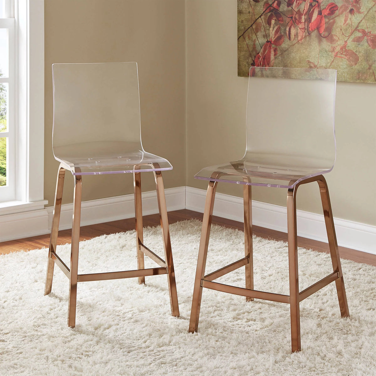 Acrylic and Champagne Gold Swivel Counter Height Stool Set of Two D857