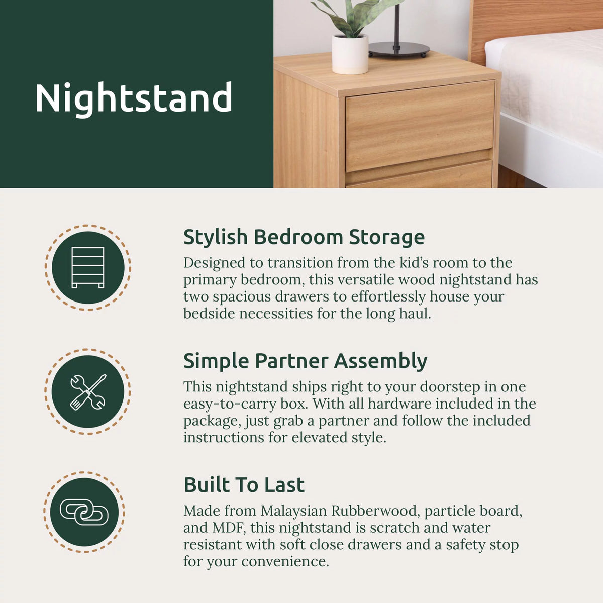 Modern Wood 2-Drawer Nightstand with Square Legs Z9257