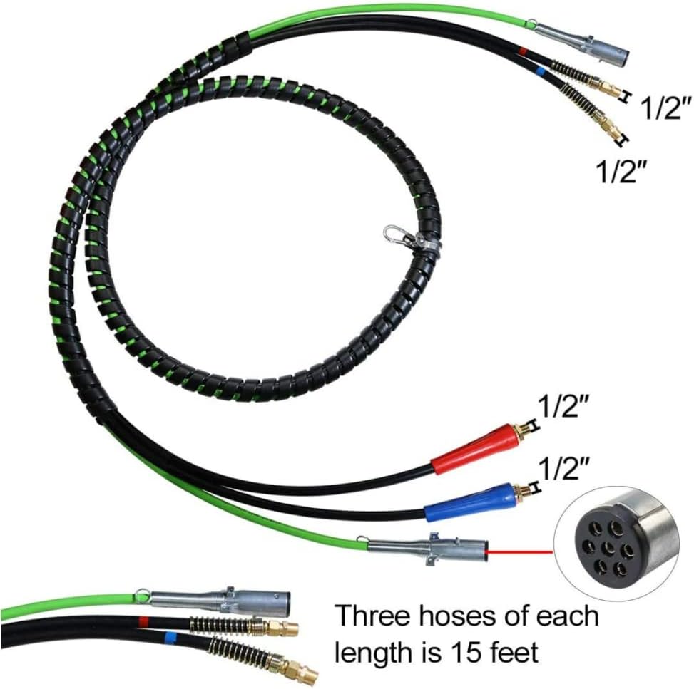 12 Ft 3-in-1 Air Power Line Hose Wrap Air Line Hose Assemblies for Semi Truck Tractor Trailer L3836