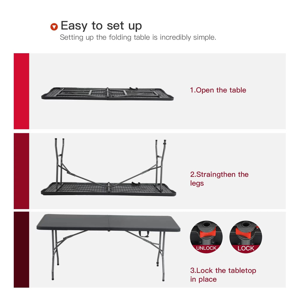 6ft Folding Plastic Table with Carrying Handle, Black F5698